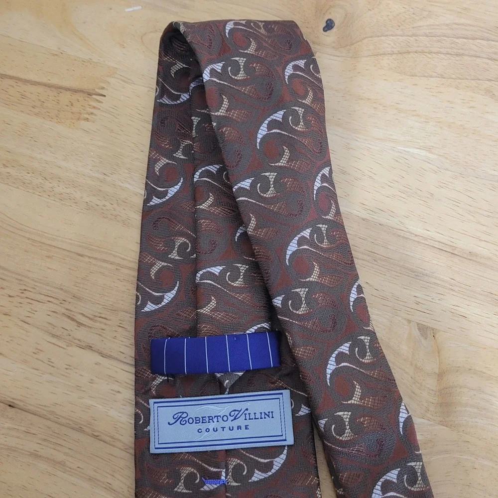 Roberto Villini Couture Mens Tie‎ Brown Silver Abstract Paisley Woven Silk Blend